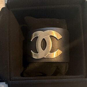 CHANEL Black Leather Cuff Bracelet